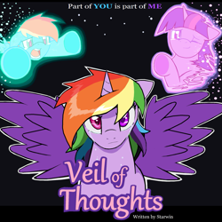 Size: 1281x1279 | Tagged: safe, artist:droll3, rainbow dash, twilight sparkle, alicorn, pony, g4, alicornified, cover art, crying, disappear, dying, fanfic art, fanfic in the description, fusion, looking at you, open mouth, race swap, reaching, sad, spread wings, teary eyes, vanish, wings