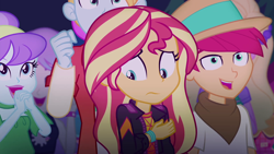 Size: 1920x1080 | Tagged: safe, screencap, aqua blossom, fry lilac, hunter hedge, snow flower, sunset shimmer, equestria girls, equestria girls specials, g4, my little pony equestria girls: better together, my little pony equestria girls: sunset's backstage pass, female, male, music festival outfit