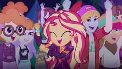 Size: 1920x1080 | Tagged: safe, screencap, drama letter, fry lilac, hunter hedge, scribble dee, snow flower, sunset shimmer, velvet sky, wallflower blush, watermelody, wiz kid, equestria girls, equestria girls specials, g4, my little pony equestria girls: better together, my little pony equestria girls: sunset's backstage pass, cute, eyes closed, geode of empathy, glasses, hat, magical geodes, music festival outfit, panama hat, shimmerbetes, smiling