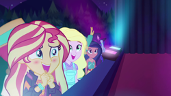 Size: 1920x1080 | Tagged: safe, screencap, desert sage, hunter hedge, sandy cerise, space camp, sunset shimmer, equestria girls, equestria girls specials, g4, my little pony equestria girls: better together, my little pony equestria girls: sunset's backstage pass, blushing, crowd, cute, female, male, music festival outfit, shimmerbetes, stage, stage light