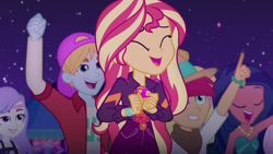 Size: 1920x1080 | Tagged: safe, screencap, desert sage, fry lilac, hunter hedge, snow flower, sunset shimmer, equestria girls, equestria girls specials, g4, my little pony equestria girls: better together, my little pony equestria girls: sunset's backstage pass, background human, female, geode of empathy, magical geodes, male, music festival outfit