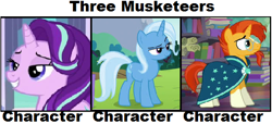 Size: 644x294 | Tagged: safe, artist:arvin-s-sweet-guy, starlight glimmer, sunburst, trixie, g4, meme, the three musketeers