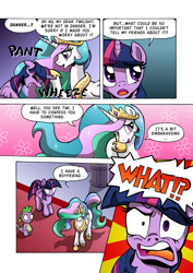Size: 1204x1700 | Tagged: safe, artist:tarkron, princess celestia, spike, twilight sparkle, alicorn, dragon, pony, comic:the royal sandal, g4, blushing, comic, confession, confused, crown, exhausted, gradient background, jewelry, panting, regalia, shocked, shoujo bloom, speech bubble, sunburst background, twilight sparkle (alicorn), wheezing