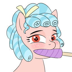 Size: 1200x1200 | Tagged: safe, alternate version, artist:poniidesu, cozy glow, pegasus, pony, g4, bow, cozybetes, curly mane, cute, female, filly, food, horn, implied twilight sparkle, mouth hold, popsicle, simple background, solo, transparent background