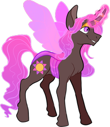 Size: 834x956 | Tagged: safe, alternate version, artist:malphym, oc, oc only, oc:princess rubellite tourmaline, changepony, hybrid, eyeshadow, female, glowing horn, grin, horn, horn ring, interspecies offspring, magic, magical lesbian spawn, makeup, offspring, parent:princess celestia, parent:queen chrysalis, parents:chryslestia, simple background, smiling, solo, trans female, transgender, transparent background