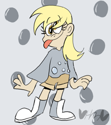 Size: 713x800 | Tagged: safe, artist:mirabuncupcakes15, derpy hooves, human, g4, boots, clothes, female, humanized, shirt, shoes, shorts, solo, tongue out
