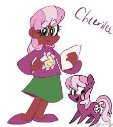 Size: 713x800 | Tagged: safe, artist:mirabuncupcakes15, cheerilee, earth pony, human, pony, g4, cheeribetes, clothes, cute, dark skin, female, flats, human ponidox, humanized, mare, open mouth, paper, self paradox, self ponidox, shirt, shoes, simple background, skirt, solo, white background