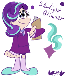 Size: 713x800 | Tagged: safe, artist:mirabuncupcakes15, starlight glimmer, human, g4, the last problem, clipboard, clothes, female, flats, humanized, necktie, older, older starlight glimmer, shirt, shoes, simple background, skirt, socks, solo, stockings, suit, thigh highs, white background