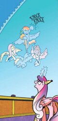 Size: 288x601 | Tagged: safe, artist:andypriceart, idw, official comic, fluttershy, lightning dust, princess cadance, rainbow dash, alicorn, pegasus, pony, g4, siege of the crystal empire, spoiler:comic, spoiler:comic34, cropped, crossed arms, female, force field, frown, knocking, mare, smiling