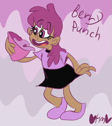 Size: 713x800 | Tagged: safe, artist:mirabuncupcakes15, berry punch, berryshine, human, g4, bowl, clothes, cute, dark skin, female, flats, humanized, miniskirt, open mouth, punch (drink), punch bowl, shirt, shoes, skirt, solo, t-shirt