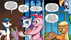 Size: 997x564 | Tagged: safe, artist:andy price, idw, official comic, applejack, pinkie pie, rainbow dash, rarity, shining armor, spike, dragon, earth pony, pony, unicorn, g4, siege of the crystal empire, spoiler:comic, spoiler:comic36, applejack's hat, cage, comic, cowboy hat, cropped, female, hat, male, mare, metahumor, shrug, speech bubble, stallion