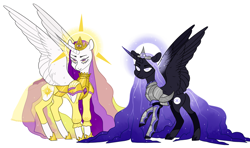 Size: 1020x604 | Tagged: safe, artist:jellybeanbullet, princess celestia, princess luna, alicorn, pony, g4, alternate design, armor, crown, duo, female, gradient horn, halo, hoof shoes, horn, jewelry, mare, raised hoof, redesign, regalia, simple background, spread wings, tiara, white background, wings