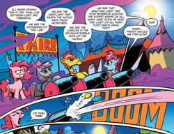 Size: 997x765 | Tagged: safe, artist:andypriceart, idw, official comic, carrot cake, cup cake, maud pie, pinkie pie, earth pony, pony, g4, siege of the crystal empire, spoiler:comic, spoiler:comic37, comic, cropped, female, male, mare, party cannon, smoke, speech bubble, stallion, tent, windswept mane