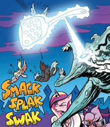 Size: 567x651 | Tagged: safe, artist:andypriceart, idw, official comic, derpy hooves, princess cadance, rabia, thunderlane, twilight sparkle, alicorn, pegasus, pony, umbrum, g4, siege of the crystal empire, spoiler:comic, spoiler:comic37, abuse, cropped, derpybuse, dizzy, eye beams, facehoof, female, flyswatter, magic, male, mare, one eye closed, open mouth, sisters-in-law, speech bubble, stallion, swirly eyes, twilight sparkle (alicorn), wince, wingding eyes