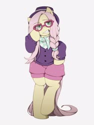 Size: 1620x2160 | Tagged: safe, artist:うめぐる, fluttershy, pegasus, pony, semi-anthro, fake it 'til you make it, g4, alternate hairstyle, arm hooves, bipedal, clothes, eye clipping through hair, female, glasses, hat, hipstershy, hoof on hip, looking at you, mare, simple background, solo, sweater, white background