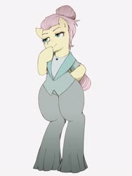 Size: 1620x2160 | Tagged: safe, artist:うめぐる, fluttershy, pegasus, pony, semi-anthro, fake it 'til you make it, g4, alternate hairstyle, arm hooves, bipedal, clothes, female, hair bun, hoof on chin, mare, pants, severeshy, simple background, solo, white background