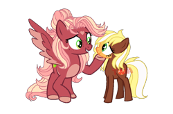 Size: 902x593 | Tagged: safe, artist:harmonyharp, oc, oc:honeycrisp, earth pony, pegasus, pony, base used, coat markings, cutie mark, duo, female, filly, freckles, hoof on chin, looking at each other, mare, offspring, parent:big macintosh, parent:fluttershy, parents:fluttermac, simple background, spread wings, transparent background, watermark, wings