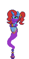 Size: 256x512 | Tagged: safe, alternate version, artist:bitassembly, oc, oc only, oc:creamsicle delight, genie, pony, unicorn, animated, bottle, commission, geniefied, loop, pixel art, simple background, solo, transparent background, veil