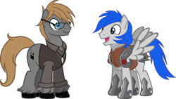 Size: 2000x1125 | Tagged: safe, artist:theeditormlp, oc, oc only, oc:noble shield, oc:the editor, earth pony, pegasus, pony, armor, clothes, glasses, male, shirt, simple background, stallion, transparent background, vest