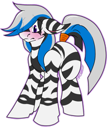 Size: 961x1132 | Tagged: safe, artist:razinoats, oc, oc only, oc:xander rivertail, pony, zebra, blushing, male, purple eyes, solo, tail wrap, tri-color mane, zebra oc