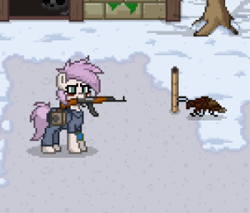 Size: 303x258 | Tagged: safe, oc, oc:astral comet, cockroach, insect, pony, radroach, ashes town, fallout equestria, pony town, ak-47, assault rifle, fallout, female, gun, gun in mouth, rifle, weapon
