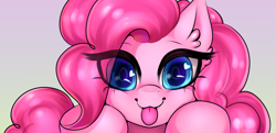 Size: 3000x1457 | Tagged: safe, artist:yutakira92, pinkie pie, earth pony, pony, g4, :p, big eyes, bust, cute, diapinkes, ear fluff, eye clipping through hair, female, gradient background, heart eyes, looking at you, lurking, portrait, smiling, solo, tongue out, wingding eyes