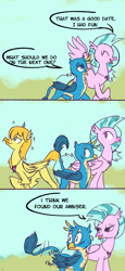 Size: 1428x3099 | Tagged: safe, artist:skunkstripe, gallus, silverstream, griffon, hippogriff, g4, bisexual, dialogue, dumb yung-six comics, female, gay, gay in front of girls, male, misspelling, ship:gallstream, shipping, straight