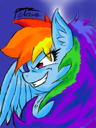 Size: 768x1024 | Tagged: safe, artist:petanoprime, rainbow dash, pegasus, pony, g4, abstract background, bust, female, grin, mare, signature, smiling, solo
