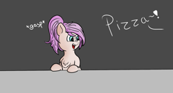 Size: 963x520 | Tagged: safe, artist:pencilpush, oc, oc only, oc:astral comet, earth pony, pony, female, food, happy, pizza