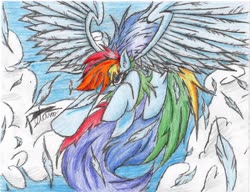 Size: 2048x1572 | Tagged: safe, artist:petanoprime, rainbow dash, pegasus, pony, g4, cloud, feather, female, flying, hair over one eye, mare, signature, solo, spread wings, traditional art, wings