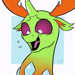 Size: 2048x2048 | Tagged: safe, artist:draw3, thorax, changedling, changeling, g4, 4chan, abstract background, bust, cute, cute little fangs, fangs, high res, king thorax, laughing, male, solo