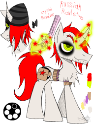 Size: 888x1150 | Tagged: safe, artist:didun850, oc, oc only, oc:russian roulette, pony, unicorn, bag, beanie, belt, bust, chest fluff, curved horn, eyeliner, glowing horn, gun, hair over one eye, hat, horn, magic, makeup, male, reference sheet, saddle bag, signature, smiling, stallion, telekinesis, text, unicorn oc, weapon