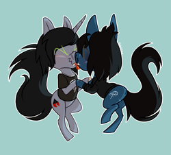 Size: 1631x1476 | Tagged: safe, artist:petalierre, earth pony, pony, undead, unicorn, zombie, zombie pony, bags under eyes, bipedal, bipedal leaning, blue background, blushing, bone, boop, bring me the horizon, clothes, commission, disguise, disguised siren, eyes closed, fangs, gay, happy, holding hooves, horn, jewelry, kellin quinn, leaning, long sleeves, male, necklace, noseboop, oliver sykes, ponified, scar, shipping, shirt, signature, simple background, sleeping with sirens, stitches, t-shirt, tongue out, ych result