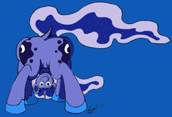 Size: 1992x1356 | Tagged: safe, artist:lucas_gaxiola, princess luna, alicorn, pony, g4, both cutie marks, butt, dock, ethereal mane, featureless crotch, female, framed by legs, hoof shoes, looking at you, looking between legs, mare, moonbutt, plot, signature, simple background, smiling, solo, starry mane