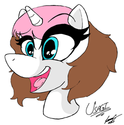 Size: 1024x1032 | Tagged: safe, artist:lucas_gaxiola, oc, oc only, oc:usagi, pony, unicorn, bust, female, horn, mare, open mouth, signature, simple background, smiling, solo, unicorn oc, white background