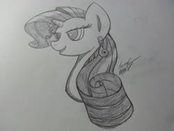 Size: 3264x2448 | Tagged: safe, artist:lucas_gaxiola, rarity, pony, unicorn, g4, bust, ear piercing, earring, female, grayscale, high res, jewelry, mare, monochrome, piercing, signature, smiling, solo, traditional art