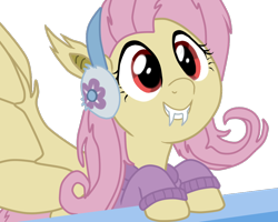 Size: 1000x800 | Tagged: safe, artist:incendiarymoth, fluttershy, bat pony, pony, best gift ever, g4, clothes, cute, earmuffs, fangs, female, flutterbat, mare, race swap, redraw, shyabates, shyabetes, simple background, smiling, solo, spread wings, sweater, transparent background, wings, winter outfit
