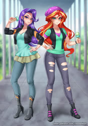 Size: 770x1100 | Tagged: safe, artist:racoonsan, starlight glimmer, sunset shimmer, human, equestria girls, g4, anime, boots, clothes, clothes swap, cute, dripping, duo, female, food, hand on hip, hat, human coloration, ice cream, jacket, looking at you, pants, ripped pants, shirt, shoes, skirt, smiling, that human sure does love ice cream, that pony sure does love ice cream, torn clothes