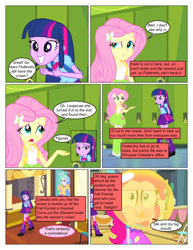 Size: 612x792 | Tagged: safe, artist:greatdinn, artist:newbiespud, edit, edited screencap, screencap, angel bunny, fluttershy, pinkie pie, princess celestia, principal celestia, spike, twilight sparkle, dog, rabbit, comic:friendship is dragons, equestria girls, g4, my little pony equestria girls, animal, backpack, balloon, blowing up balloons, clothes, collaboration, comic, cutie mark accessory, cutie mark on clothes, dialogue, element of magic, food, frown, gum, hairclip, lockers, paw prints, pointing, screencap comic, smiling, wide eyes