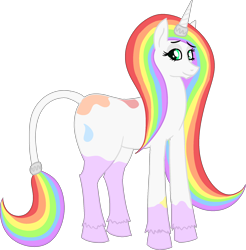 Size: 1968x1998 | Tagged: safe, artist:poniidesu, oc, oc only, oc:paint drops, pony, unicorn, blank flank, dock, eyebrows, female, looking at you, mare, multicolored hair, rainbow hair, simple background, solo, transparent background, unshorn fetlocks