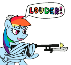 Size: 500x455 | Tagged: safe, alternate version, artist:poniidesu, rainbow dash, pegasus, pony, g4, 20% cooler, animated, ar-15, bayonet, carbine, clothes, cool, drawthread, female, gif, gun, maid, maid headdress, mare, rainbow dash always dresses in style, rainbow maid, rifle, shooting, silencer, solo, speech, tacticool, text, weapon, wing hands, wing hold, wings