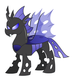 Size: 2000x2173 | Tagged: safe, artist:aleximusprime, oc, oc only, oc:general scutellum, oc:scutellum, changeling, flurry heart's story, blue changeling, bug horse, changeling oc, high res, male, oc villain, simple background, solo, teeth, transparent background, transparent wings, wings