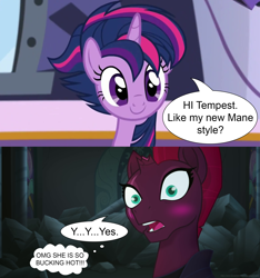 Size: 1920x2048 | Tagged: safe, artist:ejlightning007arts, edit, edited screencap, screencap, tempest shadow, twilight sparkle, alicorn, pony, castle sweet castle, g4, my little pony: the movie, alternate hairstyle, blushing, broken horn, comic, cute, eye scar, female, horn, lesbian, oh no he's hot, punklight sparkle, scar, ship:tempestlight, shipping, short comic, surprised, twiabetes, twilight sparkle (alicorn)