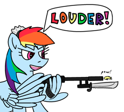 Size: 1650x1500 | Tagged: safe, alternate version, artist:poniidesu, rainbow dash, pegasus, pony, g4, ar-15, bayonet, carbine, clothes, cool, female, gun, louder, maid, maid headdress, mare, rainbow dash always dresses in style, rainbow maid, rifle, shooting, silencer, solo, speech, tacticool, text, weapon, wing hands, wing hold, wings