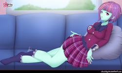 Size: 1661x1000 | Tagged: safe, artist:clouddg, sunny flare, equestria girls, g4, my little pony equestria girls: friendship games, clothes, couch, crystal prep academy uniform, female, legs, looking at you, lying down, miniskirt, multiple variants, open mouth, pillow, plaid skirt, pleated skirt, school uniform, skirt, socks, solo, sunny flare's wrist devices, thighs