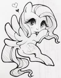 Size: 733x936 | Tagged: safe, artist:rannkiti15, fluttershy, pegasus, pony, g4, cute, female, heart, mare, monochrome, shyabetes, simple background, solo, spread wings, traditional art, white background, wings