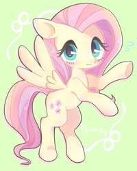 Size: 821x1024 | Tagged: safe, artist:rannkiti15, fluttershy, pegasus, pony, g4, bipedal, cute, female, green background, looking at you, mare, plewds, shyabetes, simple background, solo, spread wings, three quarter view, wings