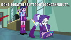 Size: 640x360 | Tagged: safe, edit, edited screencap, screencap, rarity, spike, twilight sparkle, equestria girls, g4, my little pony equestria girls, bent over, canterlot high, caption, clothes, female, image macro, looking away, meme, mooning, rearity, skirt, text