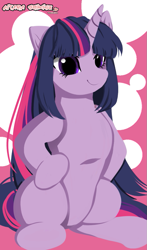 Size: 649x1104 | Tagged: safe, artist:nijidashiey7, twilight sparkle, pony, g4, abstract background, cute, female, hooves on hips, long mane, mare, sitting, smiling, solo, twiabetes