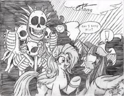 Size: 1989x1538 | Tagged: safe, artist:petanoprime, fluttershy, twilight sparkle, alicorn, pegasus, pony, g4, blush sticker, blushing, bone, crossover, dark souls, exclamation point, female, gravelord nito, grayscale, leash, looking up, mare, monochrome, open mouth, raised hoof, signature, skeleton, smiling, traditional art, twilight sparkle (alicorn)